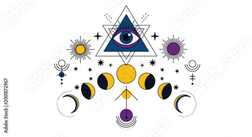 Esoteric Mystical Symbols with Moon Phases and All Seeing Eye
