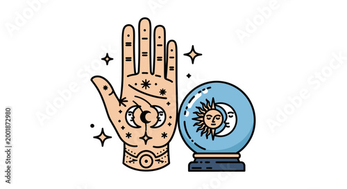 Esoteric Palmistry Hand and Celestial Crystal Ball Illustration