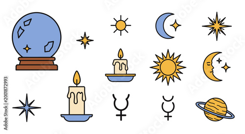 Mystical and Astrological Icon Set featuring Moon Sun and Crystal Ball