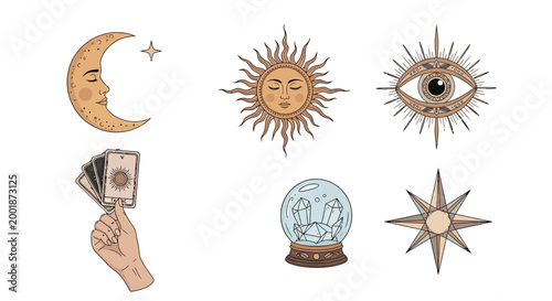 Celestial and Mystical Esoteric Icons with Sun Moon and Tarot