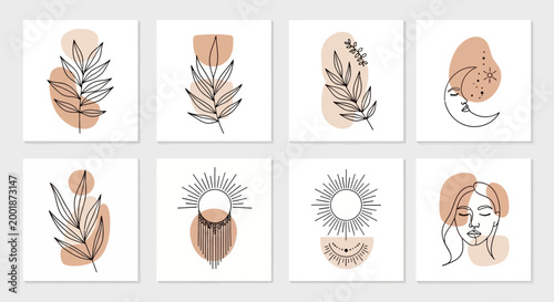 Minimalist Line Art Poster Set with Botanical and Celestial Icons
