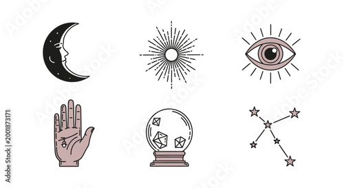 Mystical Esoteric Icon Set with Moon Sun Eye and Crystal Ball