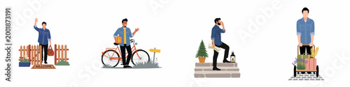Collection of flat illustrations showing a man arriving home, cycling with a gift, navigating with a map, and pushing a luggage cart.