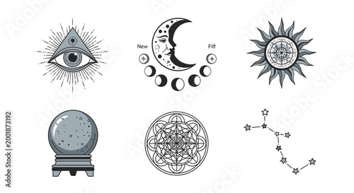 Mystical and Esoteric Symbols Set with Moon Sun and All-Seeing Eye