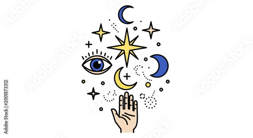 Mystical Celestial Art with Hand and All Seeing Eye Icons