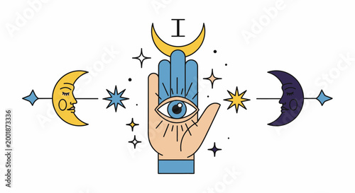 Esoteric celestial illustration with Hamsa hand and moon phases