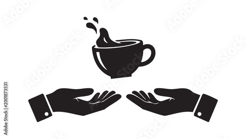 Black Silhouette Hands Presenting a Steaming Cup of Hot Coffee