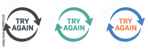 Try again text vector signs set, persistence and determination concept designs, motivational typography icons, modern flat vector collection for feedback messages
