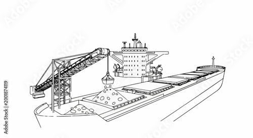 A large cargo ship being loaded with bulk material via conveyor