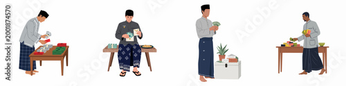 Muslim men in traditional attire preparing money envelopes for Eid al-Fitr celebration, a concept of sharing and generosity during Hari Raya.