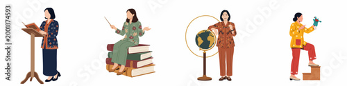 Flat vector illustration set of female Indonesian teachers in traditional batik clothing using educational tools like globes, books, and puppets.
