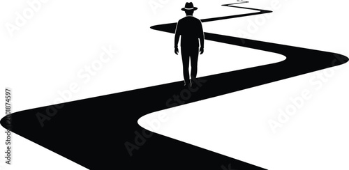Man walking on winding road silhouette illustration, journey and life path concept with minimal black design in modern conceptual vector style