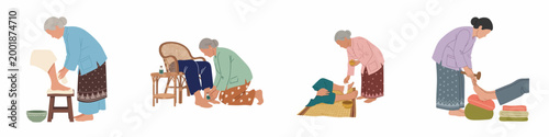 Set of vector illustrations depicting elderly women practicing traditional massage, foot care, and healing rituals, isolated on a white background.