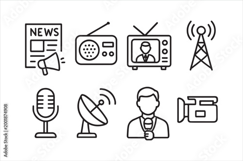 Line art icons depicting various forms of media and broadcasting