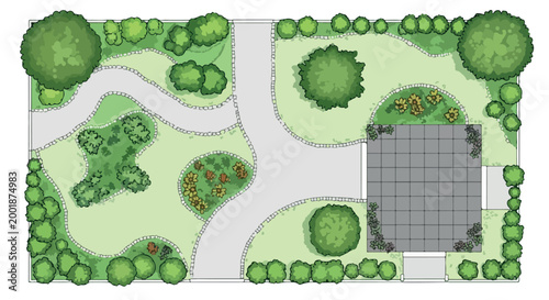 Landscape design plan vector, garden layout top view with trees and shrubs, backyard architectural blueprint for landscaping and patio construction