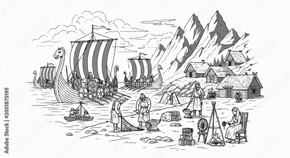 Obraz premium Viking settlement with longships, mountains, and daily life activities depicted