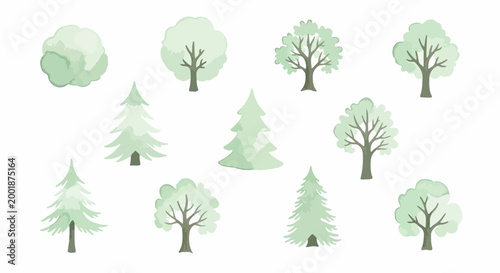 Minimalist green tree collection, set of 11 watercolor style forest plant vectors, soft pastel garden foliage icons for landscape design and mapping