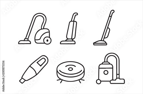 Line art illustration of various vacuum cleaner types and attachments