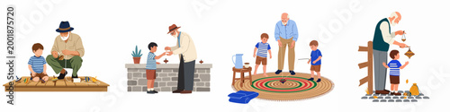 Set of four illustrations showing a grandfather and his grandson playing with traditional spinning tops together, highlighting intergenerational bonding and traditional games.