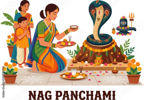 Illustration of Family Rituals Celebrating Nag Panchami Festival