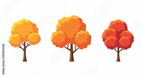 Autumn trees vector set, flat fall foliage collection with orange and red leaves, 3 deciduous tree icons for seasonal landscape design