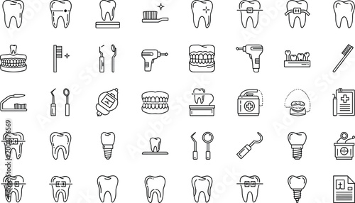 Dental Care Line Icon Set with Teeth, Braces, Tools and Medical Symbols, Minimal Outline Vector Collection for Dentist Clinic, Orthodontics and Oral Hygiene Design