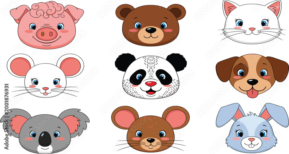 Fototapeta premium Charming Cartoon Animal Face Portrait Set with Pig, Bear, Cat, Mouse, Panda, Dog, Koala, and Rabbit for Stickers and Children Illustrations.