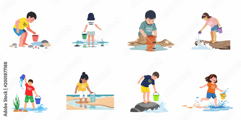 Fototapeta premium Vector illustration set of diverse children playing with buckets and water at the beach, exploring nature and enjoying summer vacation fun.