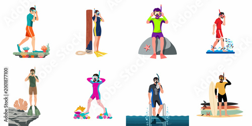 Set of flat illustrations featuring diverse people in wetsuits and snorkeling gear preparing for underwater exploration in various coastal and marine settings.