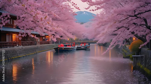 Boats floating under cherry blossoms in Kyoto Japan, spring travel photography with pink sakura flowers, iconic Asian cultural destination and romantic seasonal landscape with traditional nature beaut