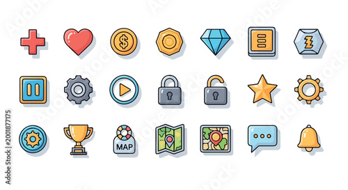 Cartoon game icons set, 21 colorful mobile gaming interface elements, flat vector symbols for video game ui and app navigation menus