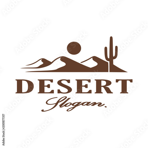 Vintage Desert Landscape Logo with Sand Dunes and Cactus Silhouette for Outdoor Adventure and Nature Tourism Branding Vector Icon Illustration