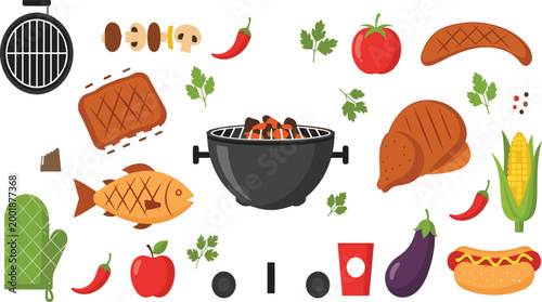 Colorful Flat BBQ and Grilling Food Element Set with Fish, Chicken, Vegetables, Corn, Hotdog, and Charcoal Grill for Cookout Designs.