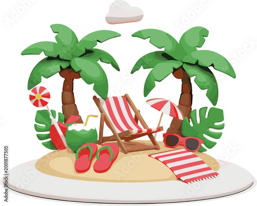 Tropical Summer Beach Scene with Palm Trees, Deck Chairs, Towels and Accessories, Relaxing Vacation Illustration for Travel, Holiday, Resort and Leisure Design