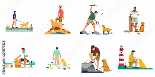 Set of illustrations depicting a man and his golden retriever exploring coastal landscapes, enjoying outdoor activities and companionship together.