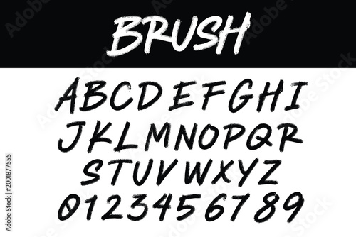 Hand drawn black brush stroke uppercase alphabet and numeric set isolated on white background. Set features textured calligraphic letters A to Z and numbers 0 to 9 with dry ink effect