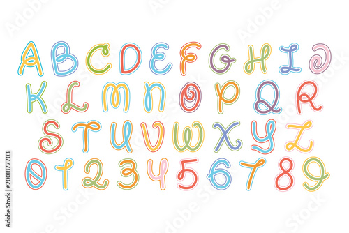 Colorful Monoline Handwritten Alphabet Letters A to Z and Numbers 0 to 9 in a Playful Script Style with Pastel Outlines and White Fills Isolated on White Background