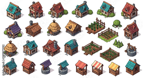 Isometric medieval village buildings set, 25 fantasy game assets including houses and farms, rustic cottage and market stall vector collection
