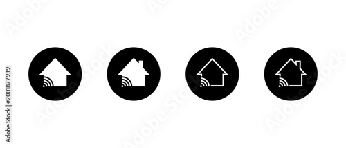Smart home icon set with wireless signal. House wifi symbol in black circle