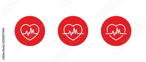 Heart pulse outline icon with ECG waveform. Cardiology and health monitoring symbol in red circle