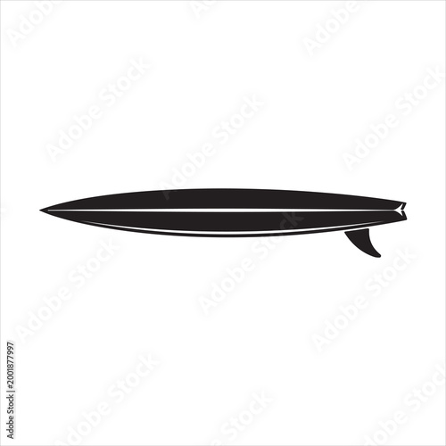  Black Surfboard Silhouette with Single Fin on White Background.