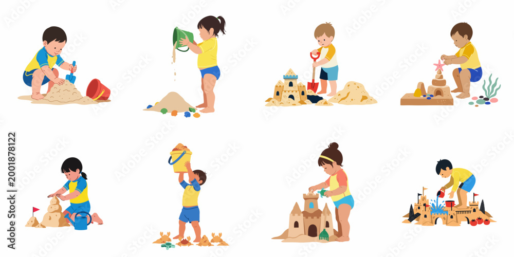 Fototapeta premium Collection of diverse young children playing with sand and building sandcastles at the beach, flat vector illustration isolated on white background