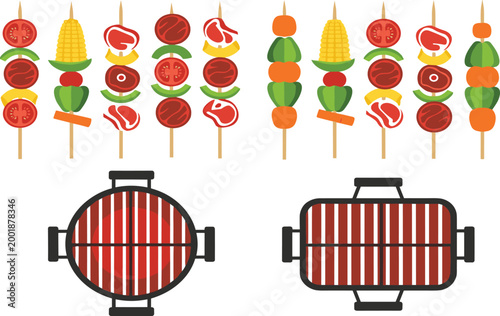 Colorful Flat Style Vegetable and Meat Kebab Skewer Set with Round and Rectangular Grill Icons for BBQ Menu and Party Poster Designs.
