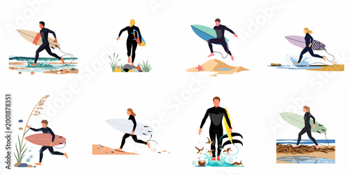 Set of vector illustrations depicting male and female surfers in wetsuits carrying surfboards on the beach in various dynamic poses.