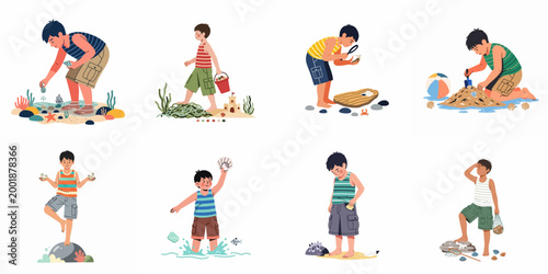 Collection of illustrations featuring a young boy enjoying various beach activities like shell hunting, sandcastle building, and exploring marine life.