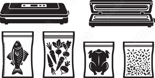 Vacuum Sealer Machine and Food Preservation Bags with Fish, Vegetables, Chicken, and Grains