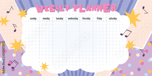 Fancy weekly planner. School timetable, work or daily life planning page. Colorful art design, abstract stars, music notes, retro trendy vector background