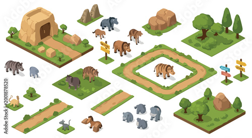 Isometric zoo animals and safari park map elements, wild animal collection with hippopotamus and tiger, 3D game environment assets for landscape design