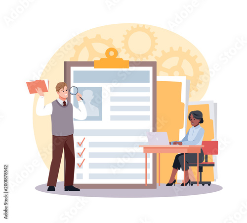 Recruiters and managers looking for candidate in huge resume. Universal worker, multi functional employee, HR recruitment review scene, profile checklist vector cartoon isolated concept