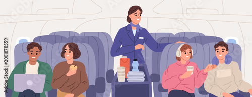 Passengers on plane. Flight attendant delivers food, people travel by air, airplane services, economy class seats, customer assistance in transport, garish vector cartoon isolated concept